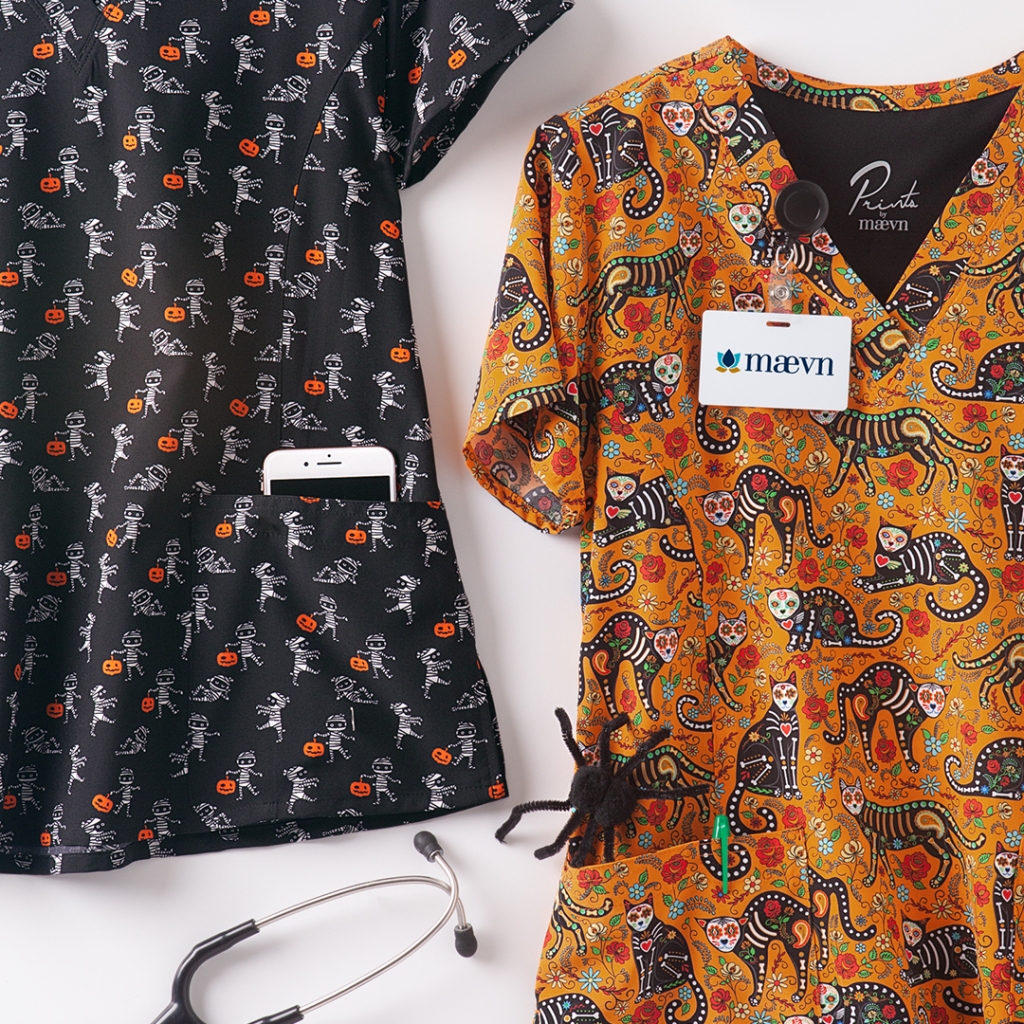 meet the Maevn All Wrapped Up V-Neck Print Scrub Top & the Maevn Day of the Cats V-Neck Print Scrub Top