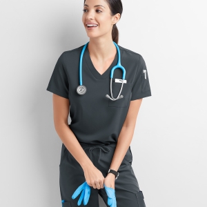 healthcare professional in pewter scrubs